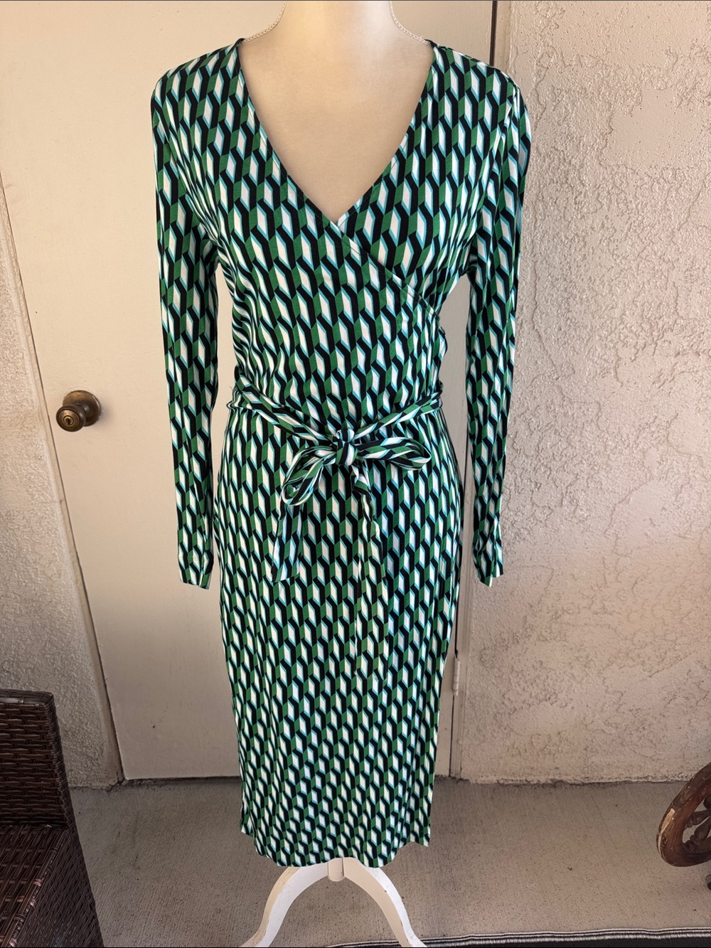 DVF for Target Geometric Green Wrap Dress - Long Sleeve size XL